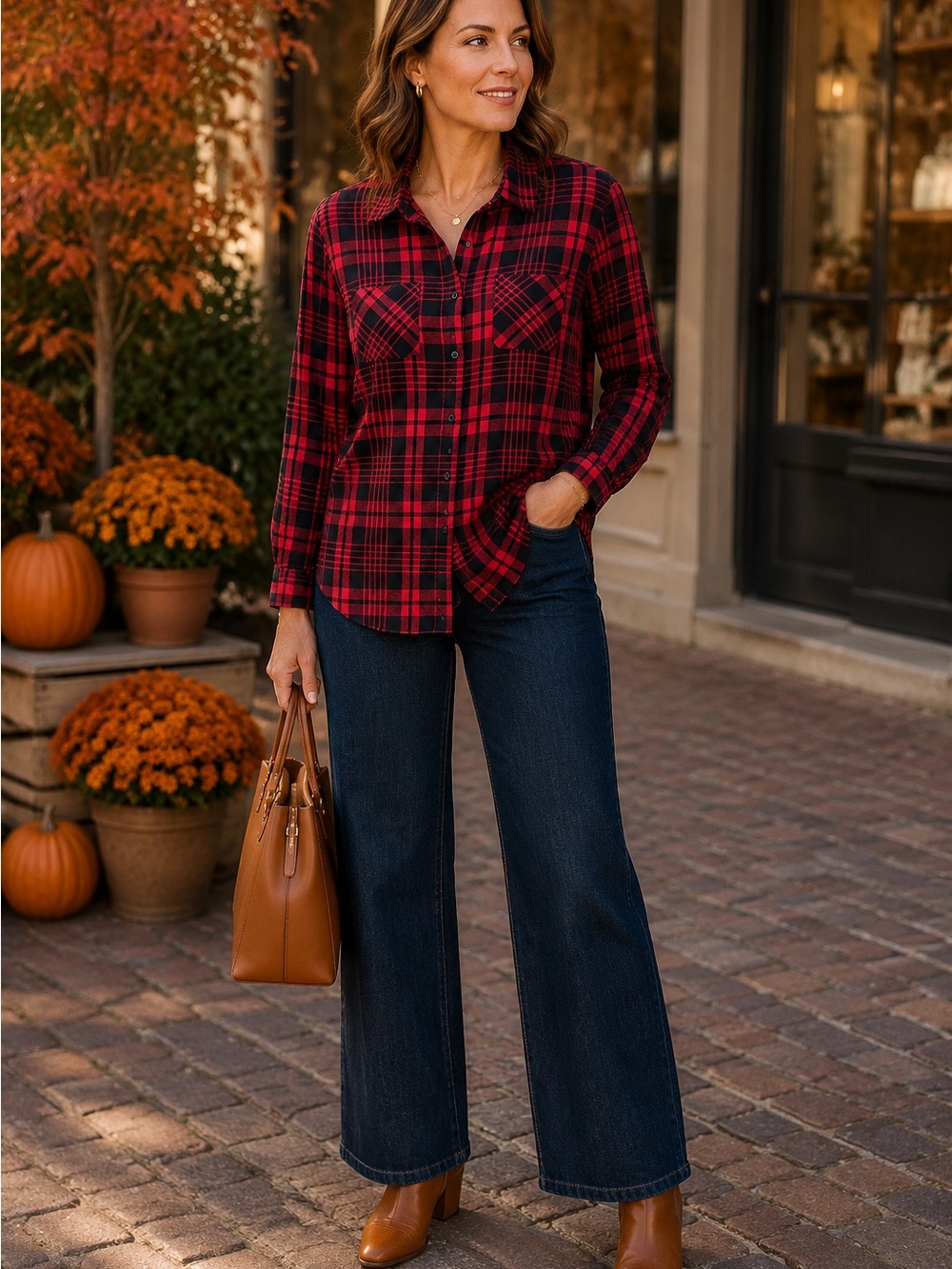 Women’s Red Black Plaid Button Down Shirt Long Sleeve Chest Pockets Tartan Cabin